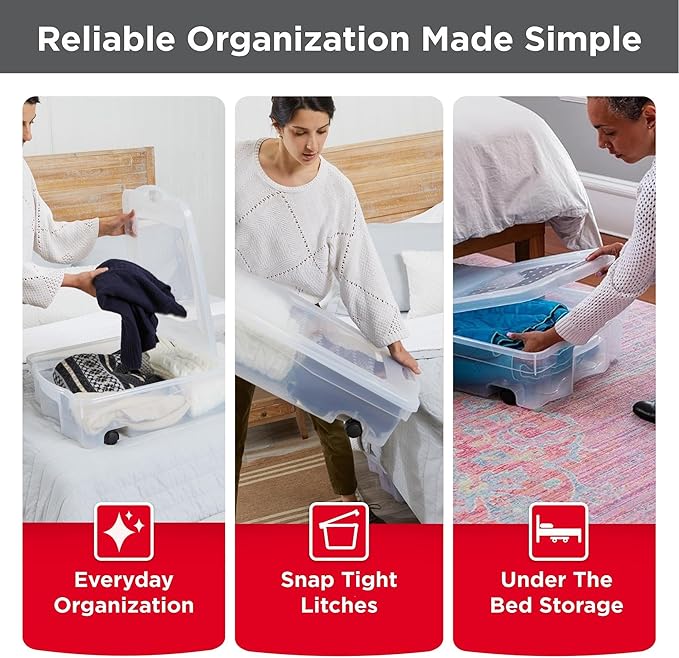 Rubbermaid 70 Quart Under the Bed Low Profile Storage Boxes with Dual Hinged Lids and Easy Rolling Caster Wheels Clear 2 Pack