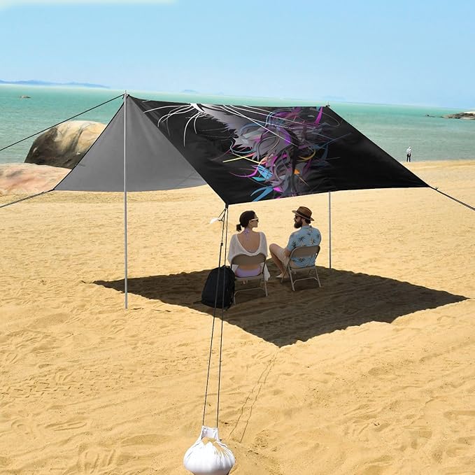 ALAZA Cat Art Painting Beach Tent Sun Shelter UPF50+ Protection Beach Shade Canopy w/ 4 Sandbags for Outdoor Camping Fishing Backyard Fun Picnic 10x9 ft