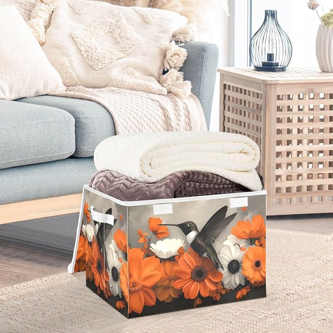 AIXIWAWA Lidded Storage Cube (Hummingbird Floral) Fabric Foldable Closet Bins with Flip Lid and Handles Organizer Basket Container 16.5 x 12.6 x 11.8 IN