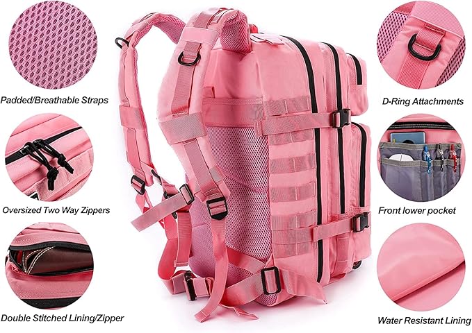 50L Military Tactical Backpack Training Gym Fitness Bag Outdoor Hiking Camping Army Molle Backpacks for Women Travel (Pink)