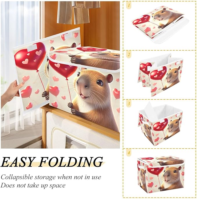 Capybara Valentines Balloon Heart Storage Bin Box with Lids Closet Storage Cube Large Foldable Organizer Container Fabric with Handles for Bedroom Clothes