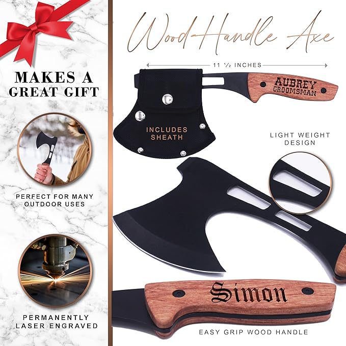 The Wedding Party Store Personalized Engraved Wood Hand Axe - Engraved Monogrammed Tomahawk Hatchet - Fathers Day Valentines Birthday Gift for Him