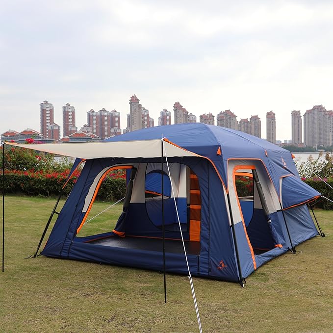 KTT Extra Large Tent 10-12-14 Person(B)Family Cabin Tents2 Rooms3 Doors and 3 Windows with MeshStraight WallWaterproofDouble LayerBig Tent for OutdoorPicnicCampingFamily Gathering