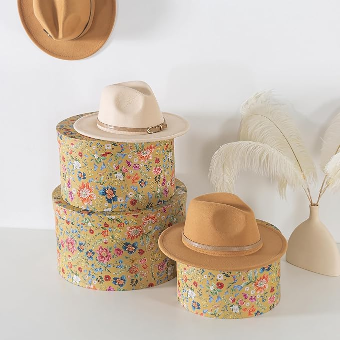 Soul &amp Lane Botanica Bliss Gold Round Hat Boxes with Lids - Set of 3: Nesting Cardboard Hat Storage Boho Floral Print Cases Stacking Circle Decorative Keepsake Boxes