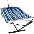 GAFETE 2 Person Hammock with Stand for Outside Heavy Duty Steel Stand Double 55inch Hammocks Large Removable Pillow Storage Bags Max 475 lbs Capacity (Pacific Stripe Blue)