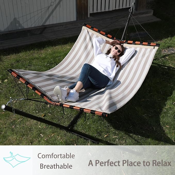 TegerDeger 12FT 2 Person Hammock Large Hammock Quick Dry 450LB Capacity with V Shaped Hardwood Spreader Bar &amp Nylon Rope for Outside Patio Garden Backyard Beach Poolside - Beige Stripes