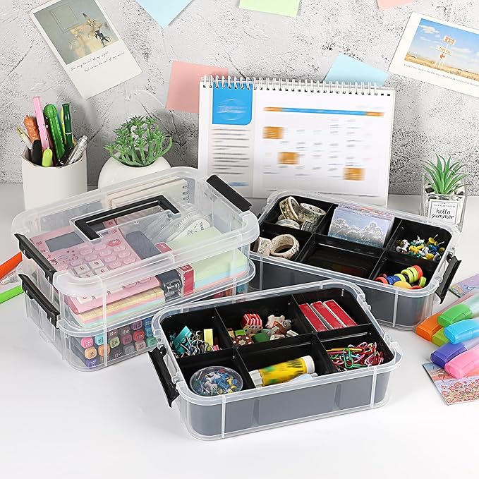 JUXYES 4-Tiers Stack Carry Storage Box With 2 Divided Tray Transparent Stackable Storage Bin With Handle Lid Latching Storage Container for School &amp Office Supplies Black
