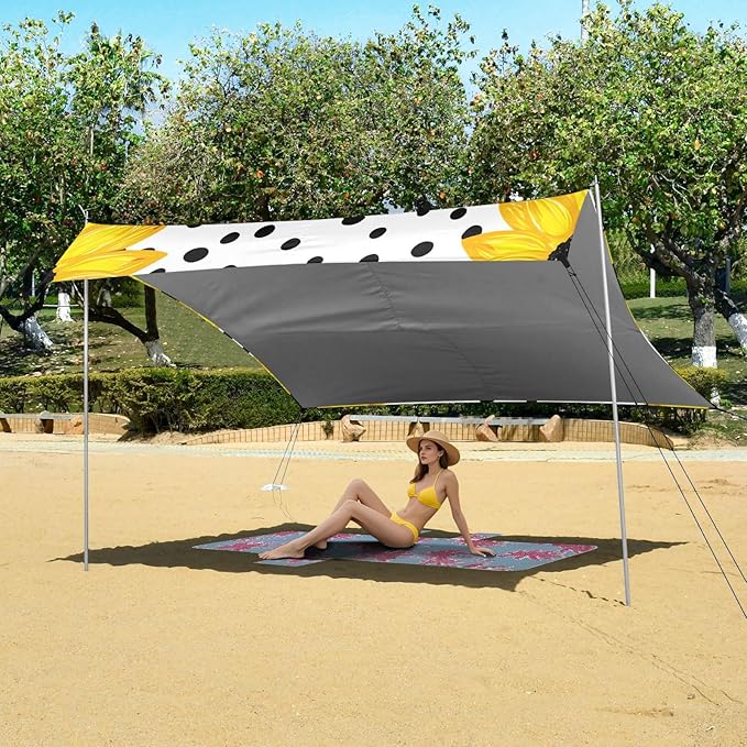 Beach Canopy with Windproof Ropes &amp Sandbags Beach Tent Sun Shade Sun Shelter for Camping Trips Fishing Backyard Fun or Picnics Sunflower