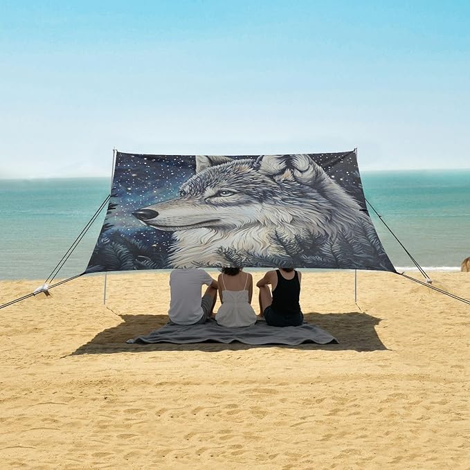ALAZA Starry Wolf Night Beach Tent Sun Shelter Portable Canopy Sunshade for Outdoor Camping Picnics Backyard Fun 10x9 ft