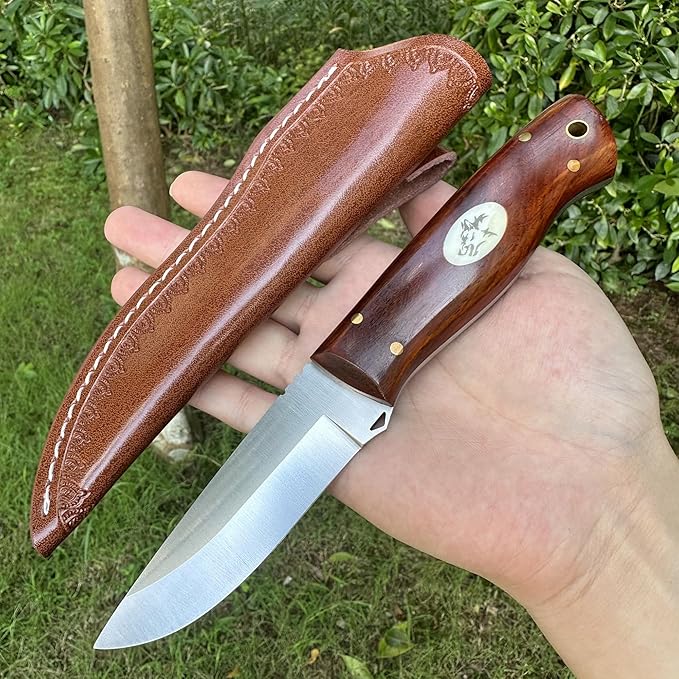 3.54 inches Bowie Knife Full-tang D2 Steel Fixed Blade Rosewood Handle Hunting Knife with Leather for Camping Hiking Survival