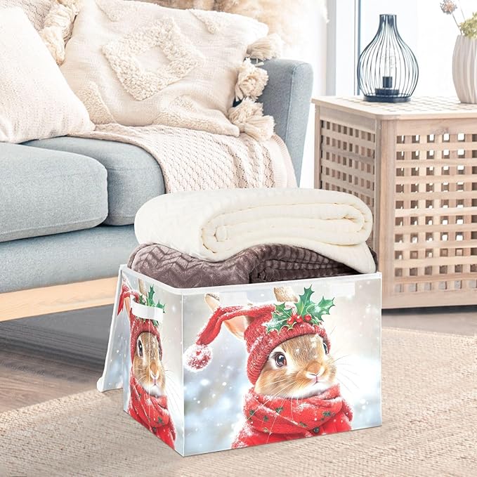 AIXIWAWA Lidded Storage Cube (Bunny Christmas) Fabric Foldable Closet Bins with Flip Lid and Handles Organizer Basket Container 16.5 x 12.6 x 11.8 IN
