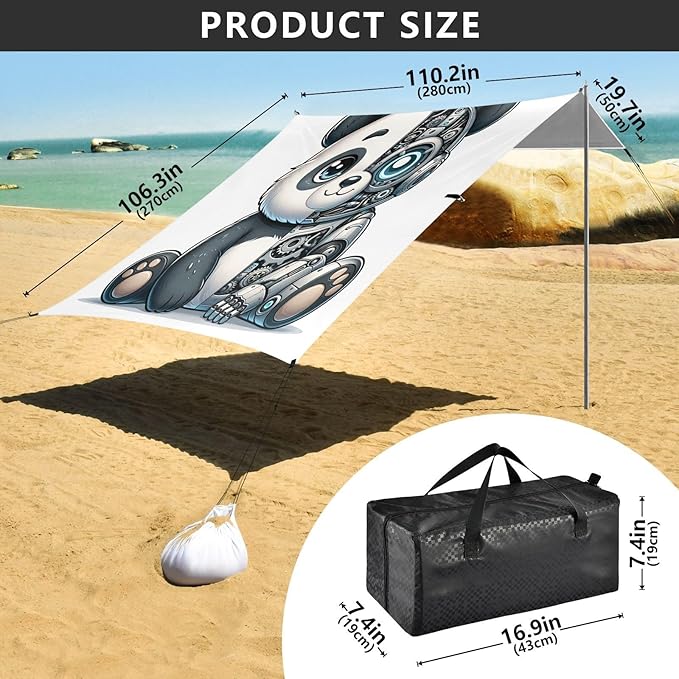 ALAZA Robot Panda Beach Tent Sun Shelter UPF50+ Protection Beach Shade Canopy w/ 4 Sandbags for Outdoor Camping Fishing Backyard Fun Picnic 10x9 ft