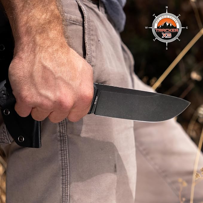 Off-Grid Knives - TRACKER-X3 Fixed Blade Knife Cryo D2 Blade Steel G10 Scales Kydex Sheath OG Lo-Pro Belt Attachment Camping Bushcraft Hunting Survival (Blackout)