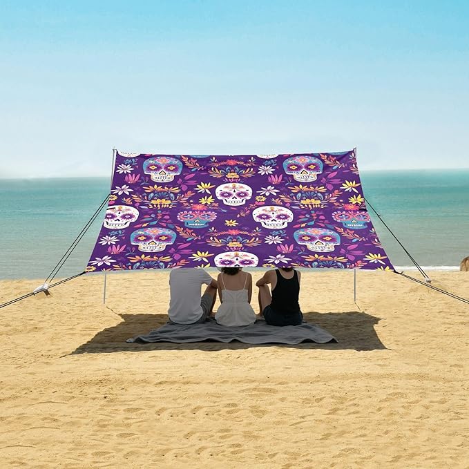 ALAZA Purple Skull Flower Pattern Beach Tent Sun Shelter Portable Canopy Sunshade for Outdoor Camping Picnics Backyard Fun 10x9 ft
