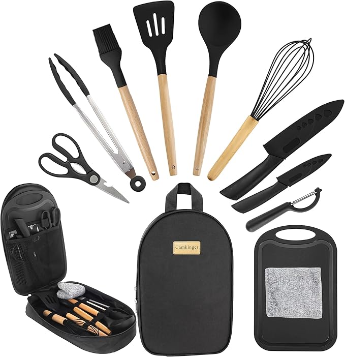 Camping Accessories Kitchen Cooking Utensils Set - Portable Outdoor Camp Cookware Set Silicone Camper Essentials Gear Must Have Supplies for Travel RV BBQ Grill Picnic Hiking