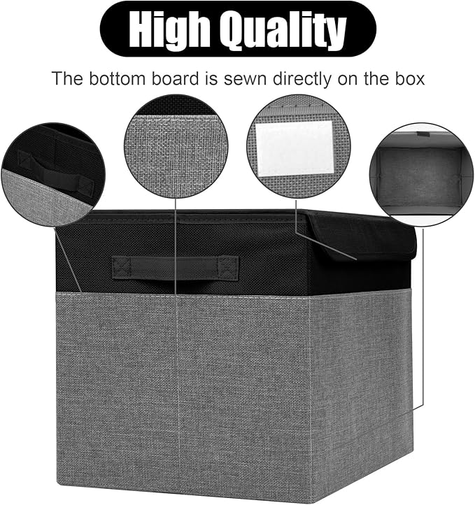 Bagnizer Large 42 Quarts Fabric Storage Bins with Lids [2-Pack] Linen Collapsible Foldable Storage Cubes Closet Organizer Containers boxes with Handles for Home Office (16.7 x 12 x 12 Black &amp Gr