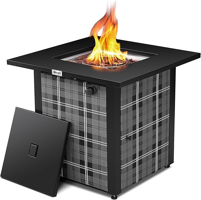 Werph 28 in Propane Fire Pit Table ETL-Certified Fire Table with Lava Rocks for Patio Deck Garden Courtyard 50000 BTU Square Fire Pit Table with Lid Black