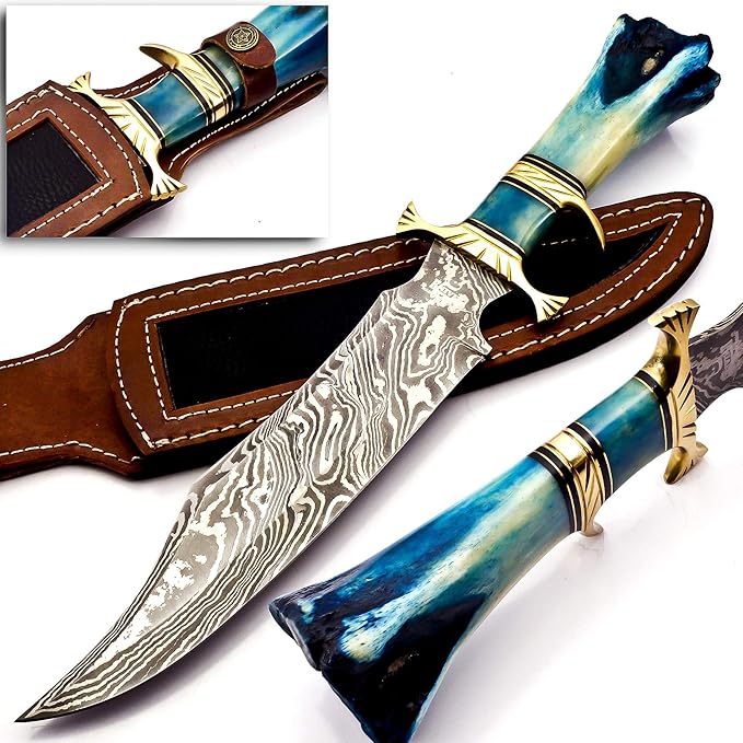 Hand Made Damascus Steel Collectible Bowie Knife Handle Camel Bone (Blue)