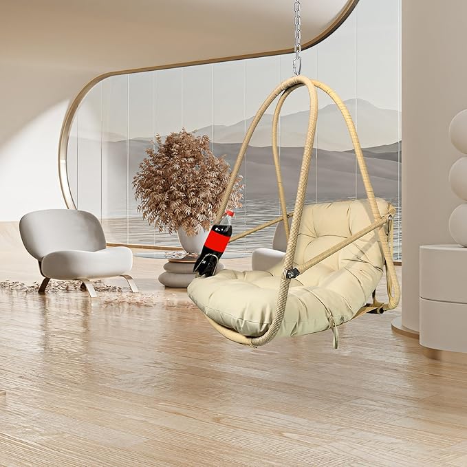 Foldable Rattan Hanging Egg Chair with Guardrail and Cup Holder for Indoor and Outdoor Relaxation in Patio Garden or Living Space - Ergonomic Design with Cushion and Pillow