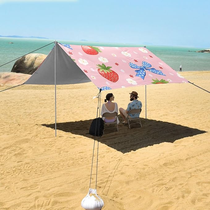 ALAZA Strawberry Blue Bow Pattern Beach Tent Sun Shelter Portable Canopy Sunshade for Outdoor Camping Picnics Backyard Fun 10x9 ft