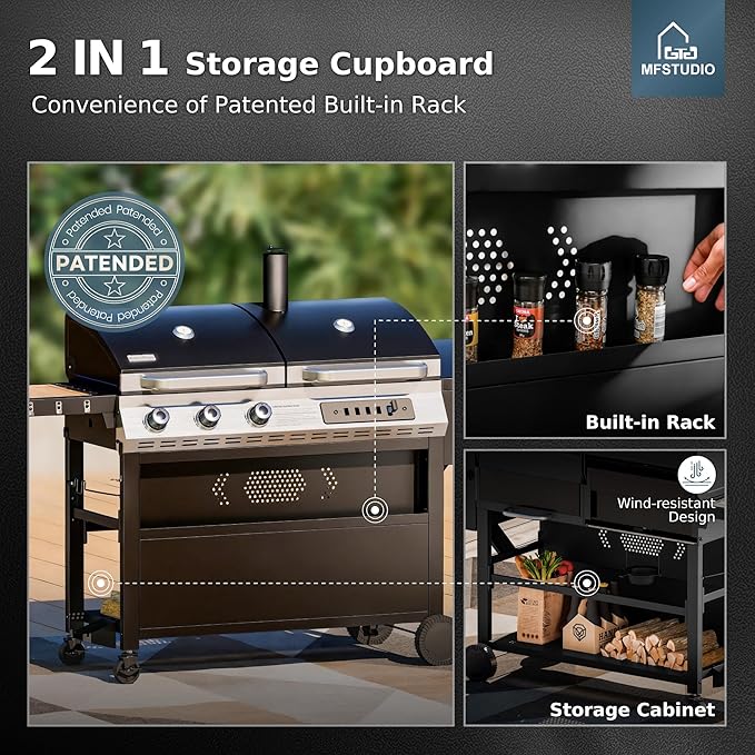 MFSTUDIO Gas and Charcoal Grill Combo with Side Smoker Heavy Duty Dual Fuel BBQ Grill with Porcelain-Enamel Grates Perfect for Outdoor Grilling 840 SQIN Cooking Area