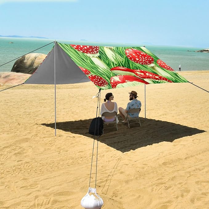 xigua Mushroom Beach Tent Sun Shelter with Carrying Bag - Silver Coated Oxford Fabric Beach Canopy for Beach Camping Fishing - Includes Windproof Ropes Sandbags &amp Stakes