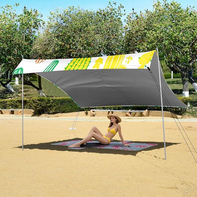 Beach Canopy with Windproof Ropes &amp Sandbags Beach Tent Sun Shade Sun Shelter for Camping Trips Fishing Backyard Fun or Picnics Cactus