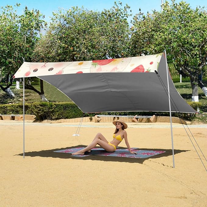 Gerbil Strawberries Plum Communion_1 Foldable Beach Canopy UPF50+ Protection Easy Setup Shade Sun Shelter with Sand Shovel Sandbags for Backyard and Camping