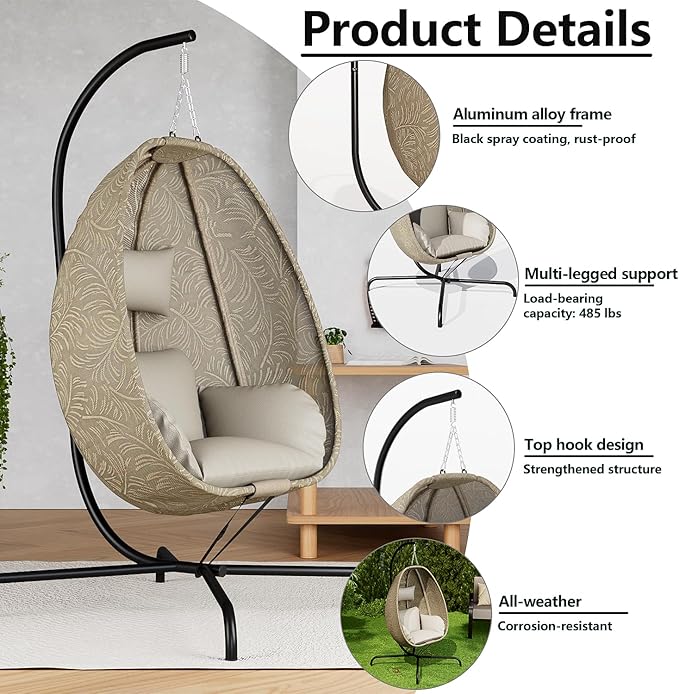 ALAULM Foldable Egg Chair with Stand 485LBS Capacity Textilene Hammock Swing Chair for Outdoor &amp Indoor Patio Hanging Chair with Strong Frame &amp UV Resistant Cushion for Balcony Bedroom Cre