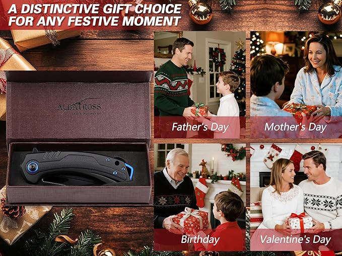 ALBATROSS Valentine‘s Gift for Him EDC Folding Knife 3.3” Black D2 Steel Blade Black Aluminum &amp G10 Handle Ball Bearing Flip Thumb Hole Gift Box