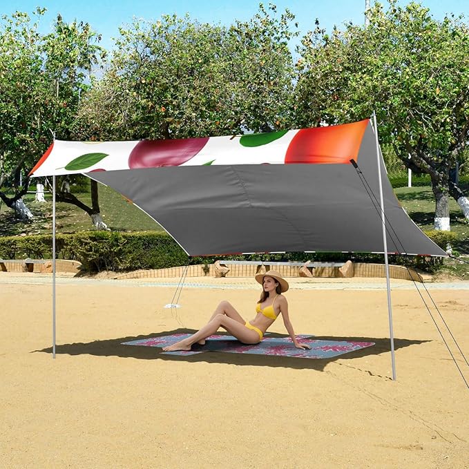 xigua Fruit Beach Tent Sun Shelter with Carrying Bag - Silver Coated Oxford Fabric Beach Canopy for Beach Camping Fishing - Includes Windproof Ropes Sandbags &amp Stakes