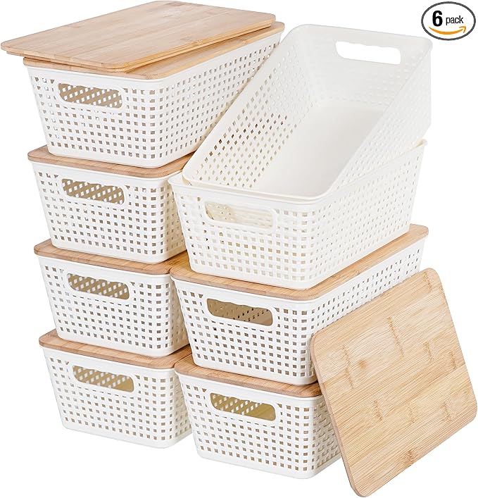 Storage Bins with Lids 8 Packs Plastic Storage Bins with Bamboo Lids for Pantry Organization and Storage Containers for Shelves Drawers Desktop Closet Playroom Classroom Office Home White