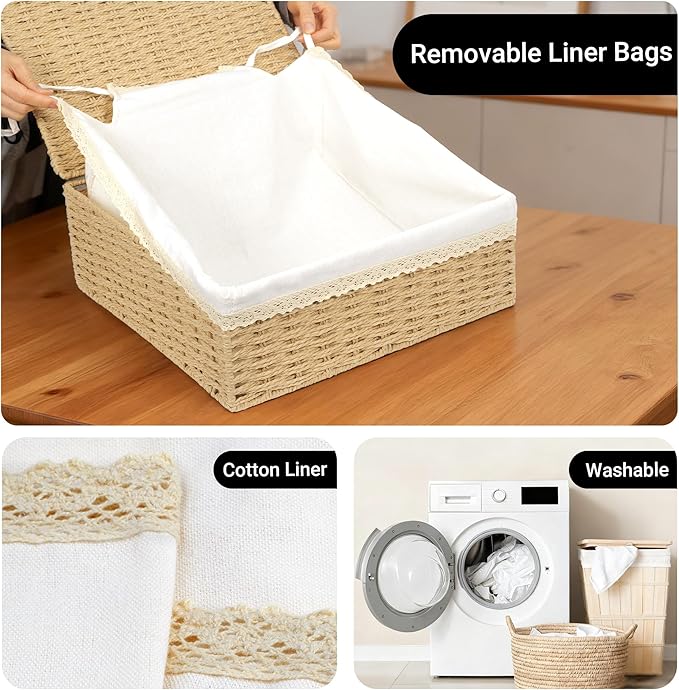Nonam Large Basket with Lid set of 3 Rattan Divided Baskets Organizer for Shelf Natural Wicker Storage Basket Bins for Closet Boho Shelf Decor Covered Basket Home Storage Container