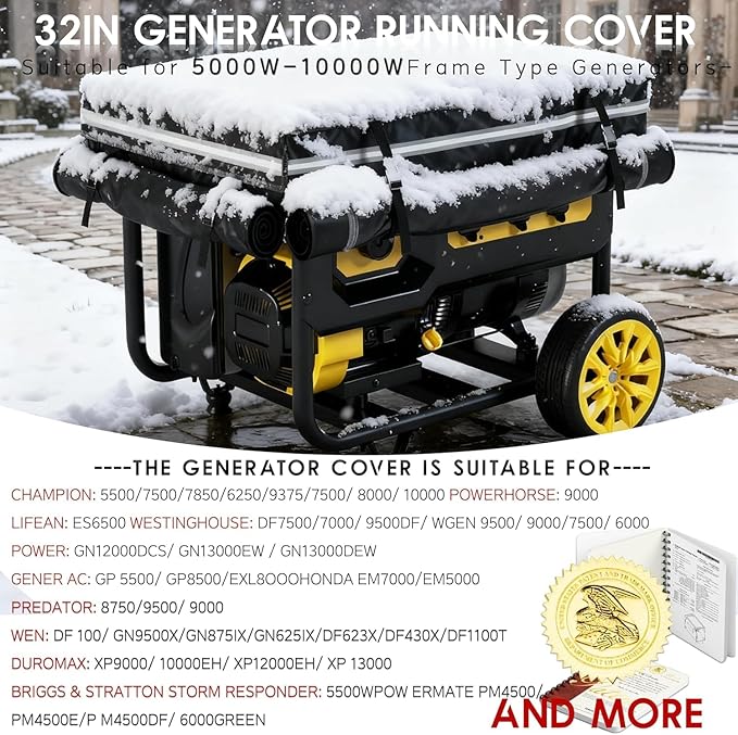 Generator Covers While Running 32x24x24 Inches Generator Covers for Outside 1680+400D Double Layer Portable Heavy Duty Dustproof/Waterproof Cover for 5000W-10000W Frame Generators Black