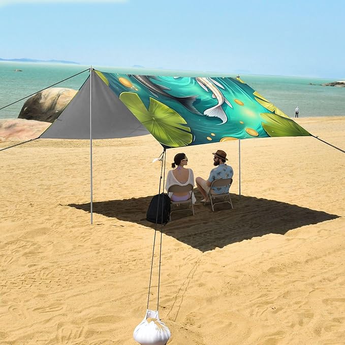 Fish Beach Canopy Sun Shelter with Sandbags &amp Sand Shovel &amp Windproof Ropes - Portable 110x126 Beach Shade Beach Tent for Camping Picnics