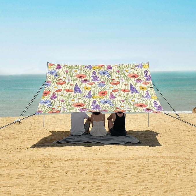 Wildflowers Beach Canopy Sun Shelter with Sandbags &amp Sand Shovel &amp Windproof Ropes - Portable 110x126 Beach Shade Beach Tent for Camping Picnics