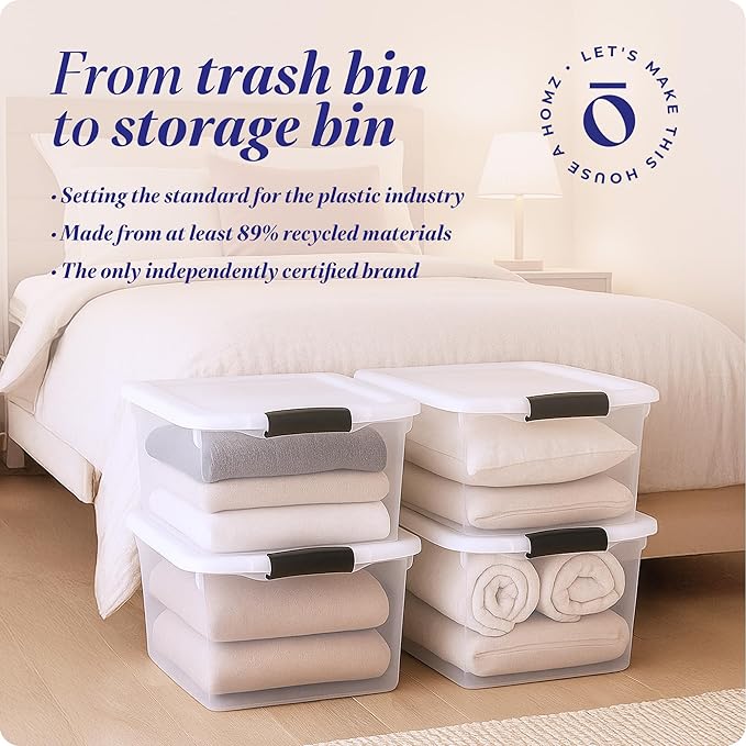 HOMZ 4-Pack Secure Latch Clear Plastic Storage Organizer Bins 66 Quart Gray Latches - Stackable Container Boxes for Bedroom Bathroom Garage and Office Organization