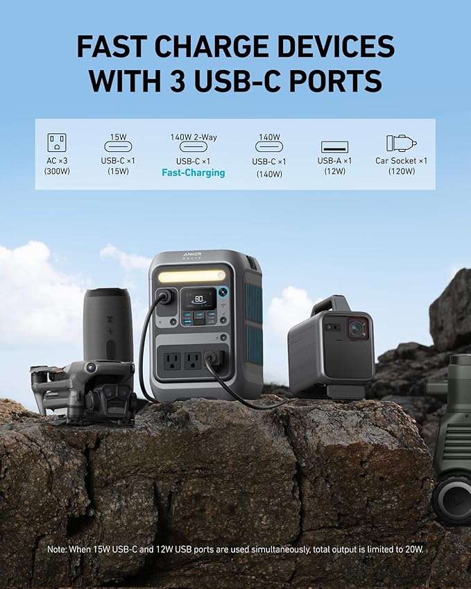 Anker Solar Generator SOLIX C300 with Protective Bag 288Wh Portable Power Station 300W (600W Surge) LiFePO4 Battery 140W Two-Way Fast Charging for Outdoor Camping Traveling and Emergencies
