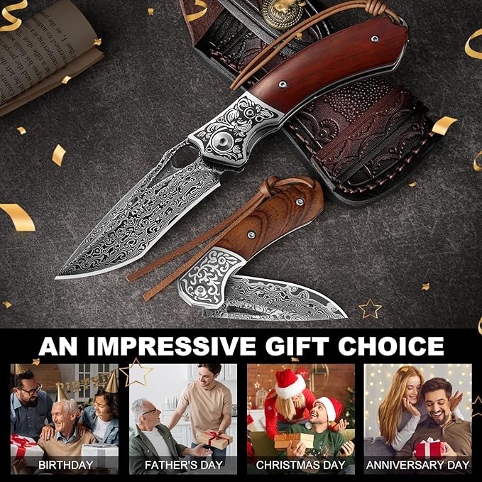 2-PCS VG10 Damascus Pocket Knife Set for Men — Folding Knife with Leather Sheath for Gifting Collecting&amp Outdoor Use