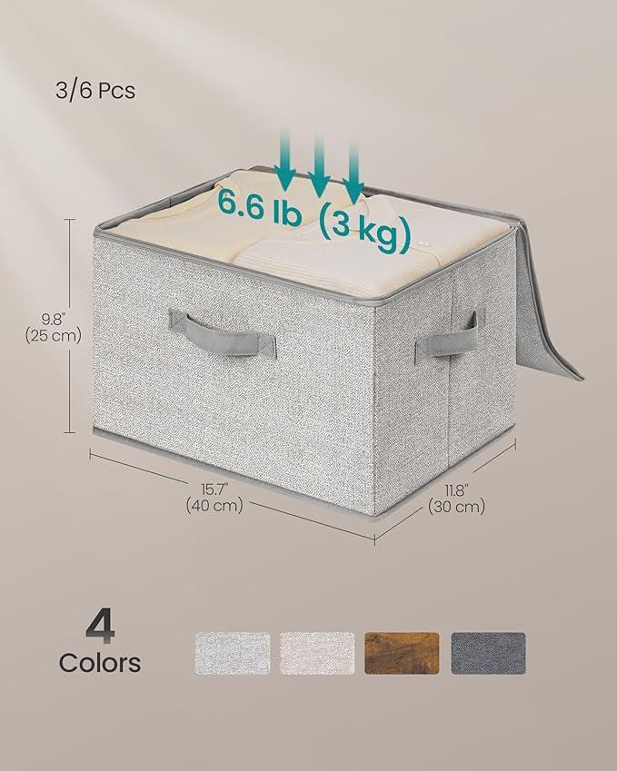 SONGMICS Foldable Storage Organizer Boxes Set of 3 Storage Basket Bins with Lids Handles Clothes Organizer 15.7 x 11.8 x 9.8 Inches Non-Woven Fabric Dove Gray URZB003W01