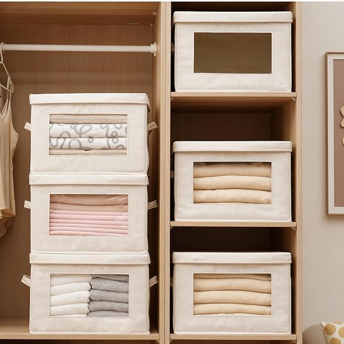 3-Pack Storage Bins with Lids Fabric Foldable Storage Bins with Soft Cord Handles Canvas Storage Bin with Lid for Organizing Clothes Blankets and Books Beige