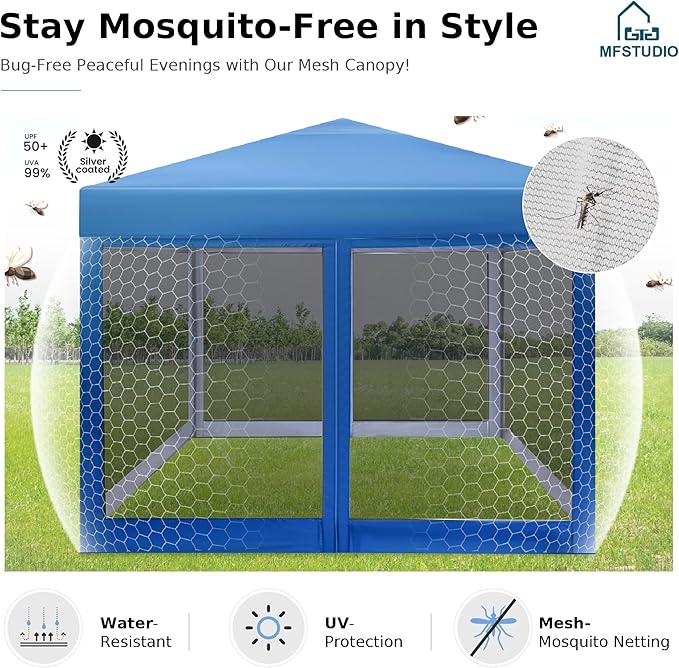 MFSTUDIO 10'x10' Pop Up Canopy Tent with Netting Portable Instant Folding Canopy Outdoor Canopy Screen Event Tent with 4 Zippered Mesh Netting for Garden Blue