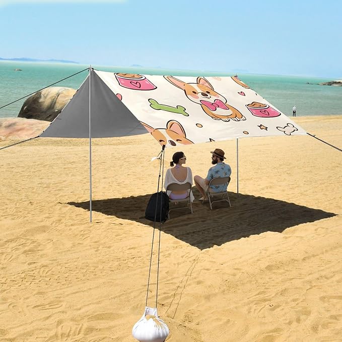 ALAZA Corgi Dog with Bones Pattern Beach Tent Sun Shelter Portable Canopy Sunshade for Outdoor Camping Picnics Backyard Fun 10x9 ft