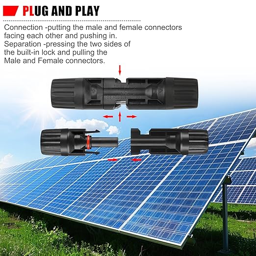 100PCS MC4 Soar Connectors Solar Panel Cable Connectors 1000V 30A IP67 Waterproof Male/Female Plug with Spanners Suitable for 14AWG-10AWG Solar Cables (50 Pairs)