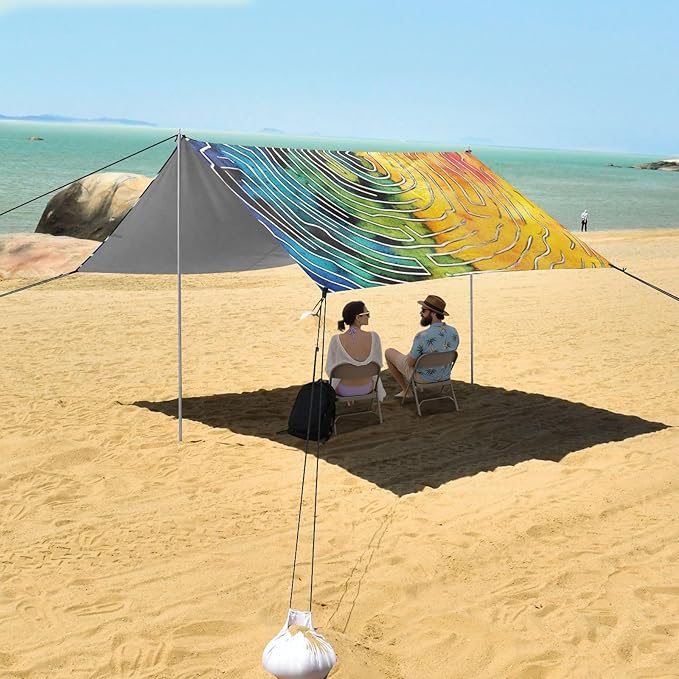 Color Spiral Symphony Foldable Beach Cabana UPF50+ Protection Easy Setup Sun Shelter with Sandbags and Shovel for Camping Picnics Backyard &amp Fishing
