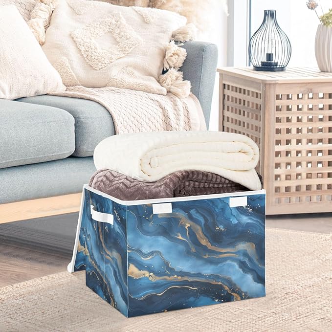 Gold Navy Blue Marble Storage Bins with Lids Foldable Storage Boxes Cube Closet Storage Baskets Container Organizers for Home Bedroom Office