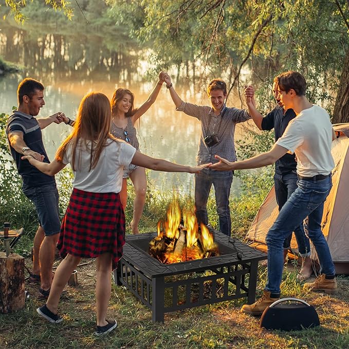 LEMY 32 Inch Outdoor Fire Pit Table Wood Burning Firepit Stove with Lid for Camping&ampBBQ Garden Backyard