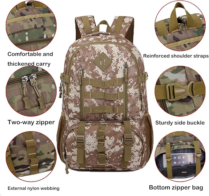50L Tactical Backpack Outdoor Mountaineering Travel Backpack for Men and Women Large Capacity Camouflage Backpack (Desert Camouflage)