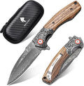 Damascus Pocket Knife for Men Folding Knives with Wooden Handle &amp 3.34 Sharp Damascus Steel Blade EDC Knifes for Camping Hiking Collection