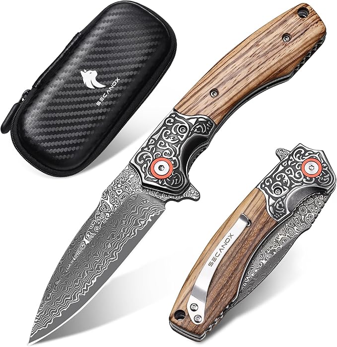 Damascus Pocket Knife for Men Folding Knives with Wooden Handle &amp 3.34 Sharp Damascus Steel Blade EDC Knifes for Camping Hiking Collection
